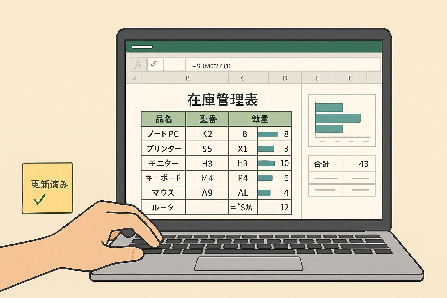 パソコンでエクセルを使って在庫管理をしている画面