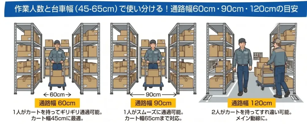 作業人数と台車幅別の通路幅目安。60cmは1人がギリギリ、90cmは1人がスムーズ、120cmは2人がすれ違い可能な広さ。