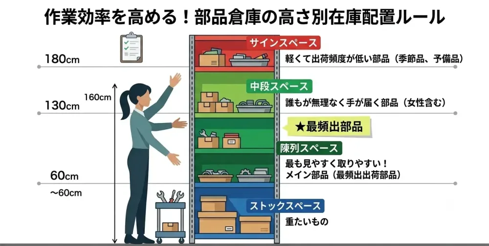 部品倉庫の高さ別在庫配置ルール。180cm以上は軽くて低頻度の部品、130〜180cmは手が届きやすい部品、60〜130cmは最頻出のメイン部品、60cm以下は重いものを配置する。
