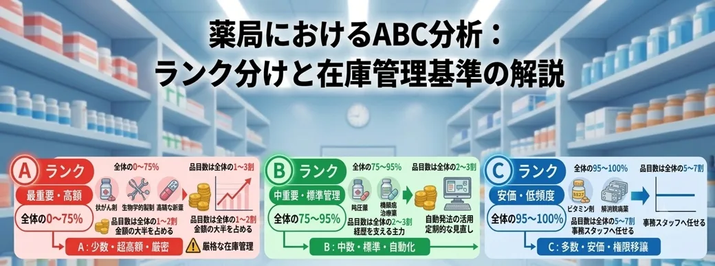 薬局におけるABC分析の解説。A(最重要・厳密管理)、B(標準・自動化)、C(安価・権限移譲)の3つのランク分けと在庫管理基準